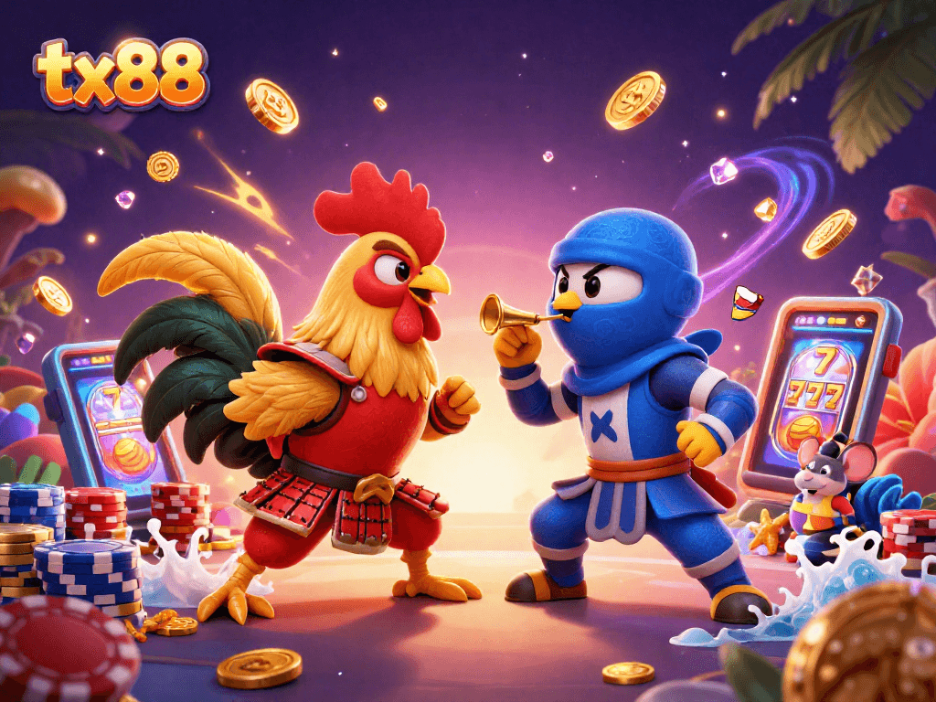 Experience the thrill of tx88 with a dramatic rooster showdown and dazzling casino elements.