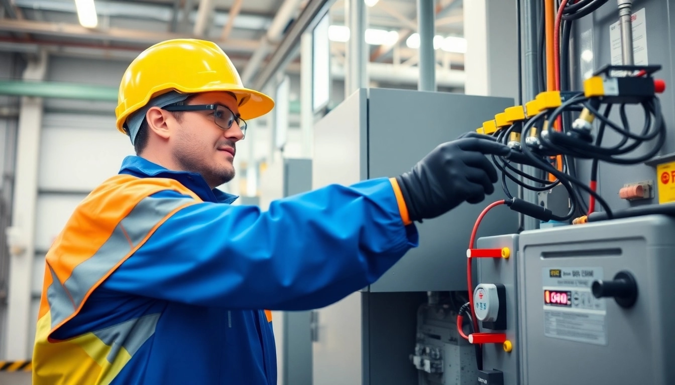 Professional technician performing a DGUV V3 Prüfung on electrical devices in a bright industrial environment.