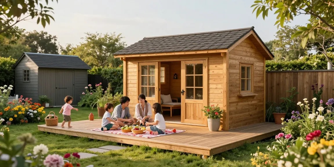 Gartenhaus Holz in einem einladenden Garten mit blühenden Blumen und einer Familie beim Picknick.
