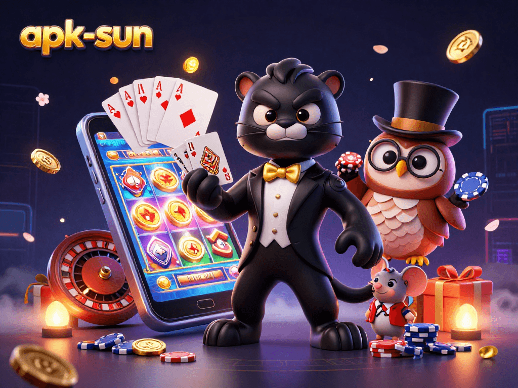 Engage with thrilling games at apk-sun featuring stylish cartoon characters in a vibrant casino setting.