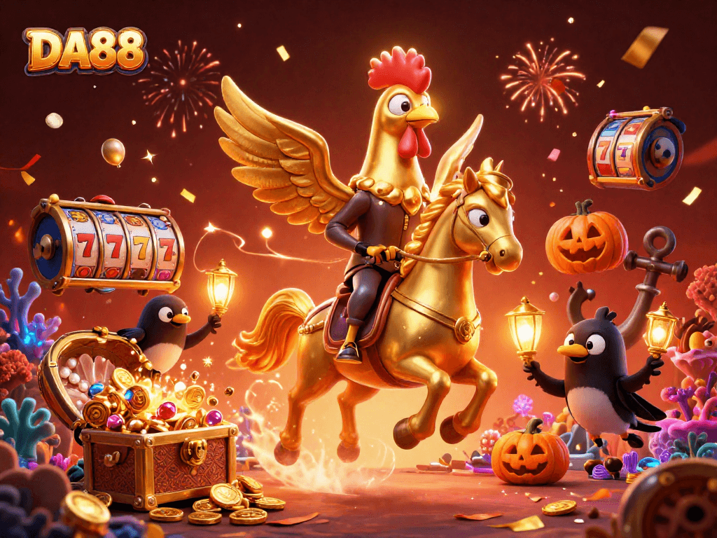 Engage with DA88's dynamic casino visuals featuring vibrant characters and glowing elements.