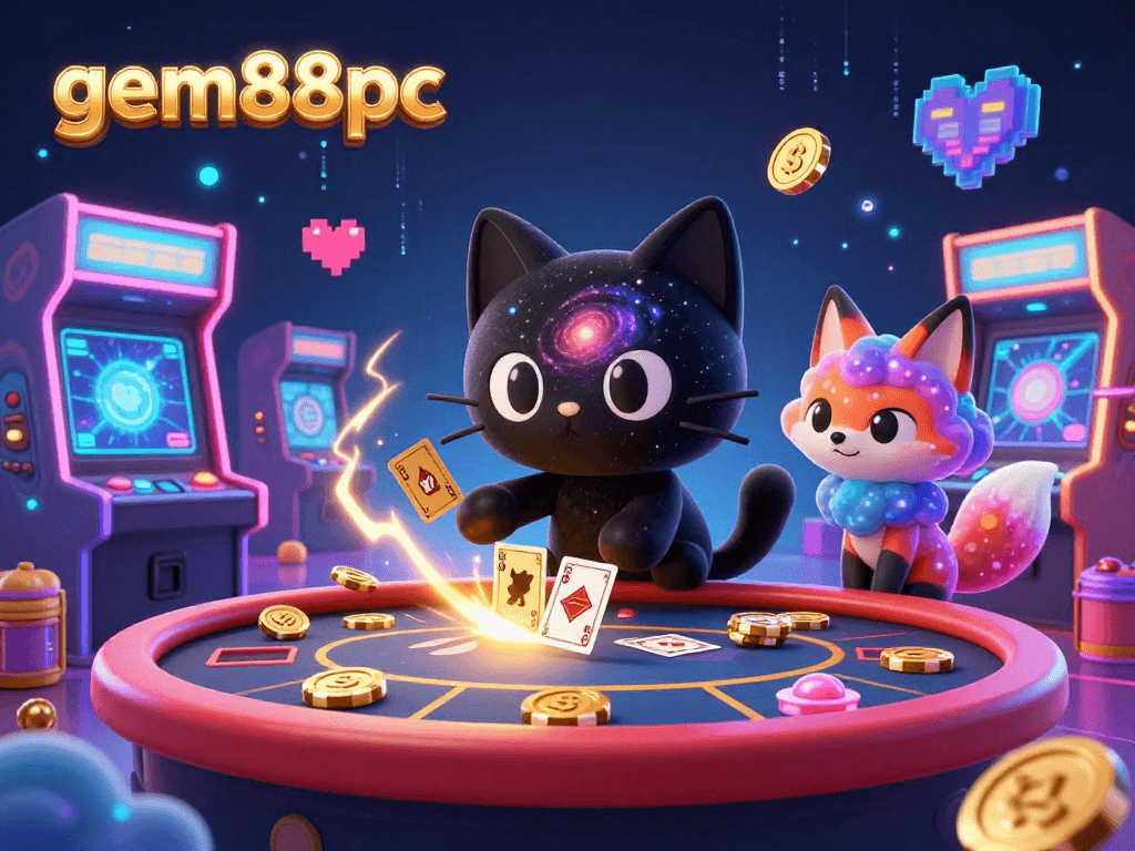 Experience thrilling gameplay at gem88pc, where a 3D cartoon black hole cat pulls in casino chips amidst vibrant game elements.