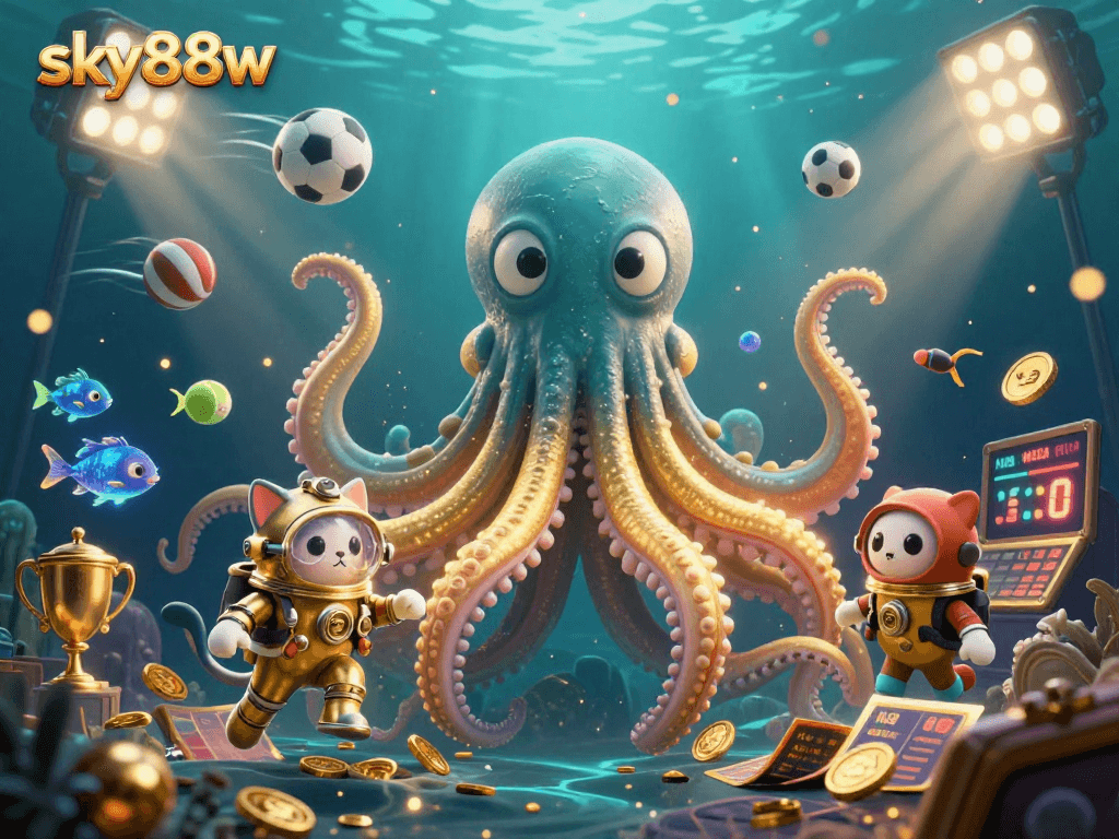 Engage with exciting gameplay at sky88w with a kraken, diving cat, and dazzling sports elements.