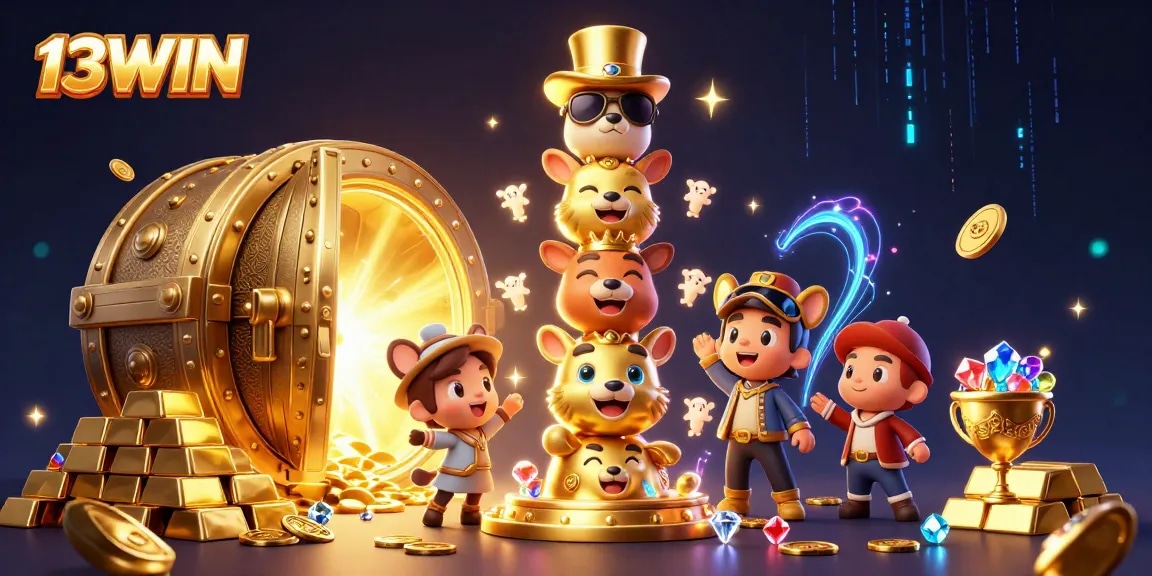 Spin the reels at 13WIN with animated features and gold-rich treasures in a dazzling casino scene.