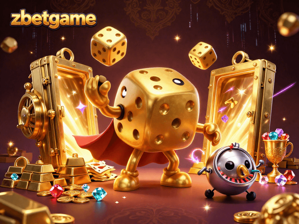 Capture the excitement at zbetgame with a dazzling 3D illustration of a golden dice golem amidst treasures.