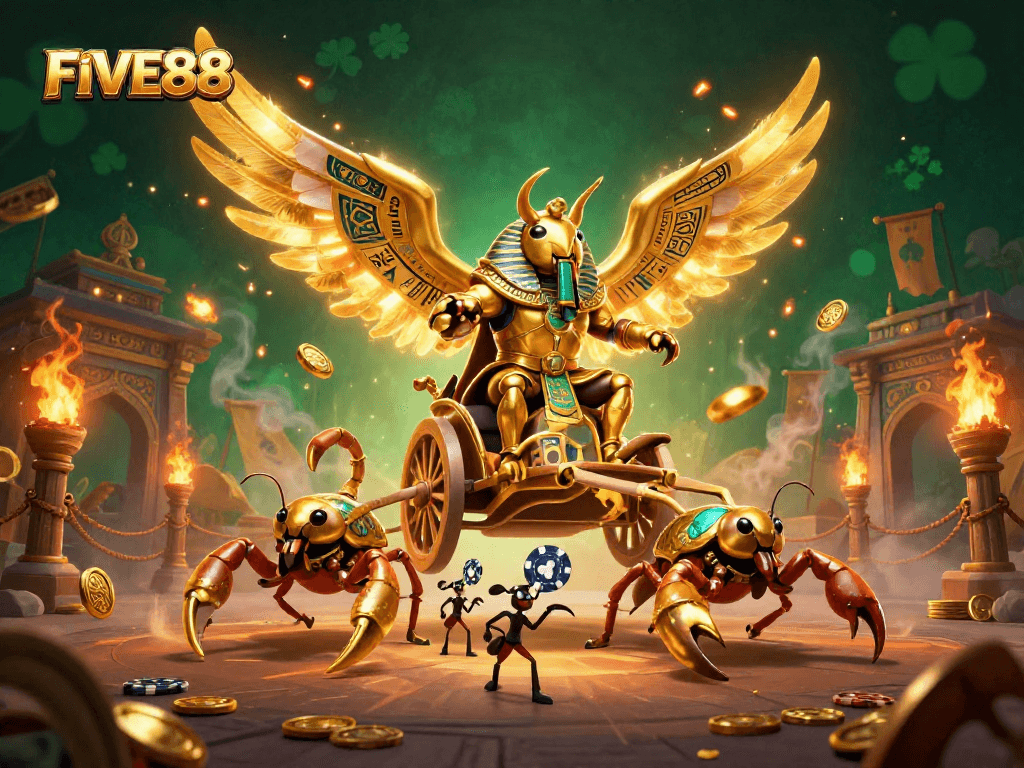 Engage with FIVE88's striking 3D illustration showcasing a golden scarab beetle in a dynamic casino setting.
