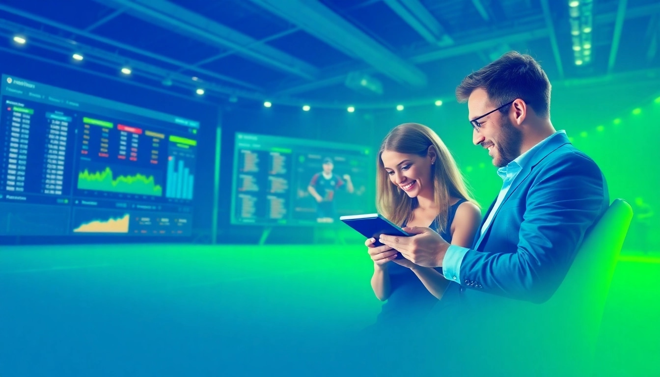 Erlebe das Ambiente des besten Wettanbieters mit digitalen Sportwetten-Displays und zufriedenen Kunden.