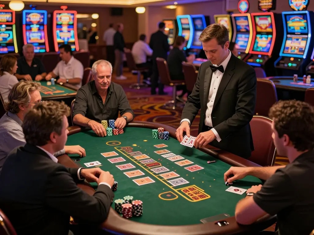 Players strategizing over blackjack game at casino, highlighting 90P tactics for winning.