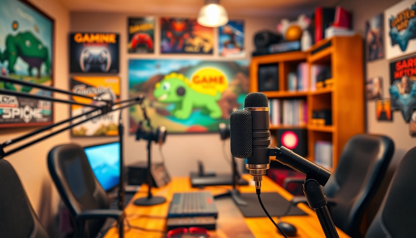 Der Gaming Podcast auf einem professionellen Podcast-Setup mit Mikrofonen und Gaming-Dekoration.