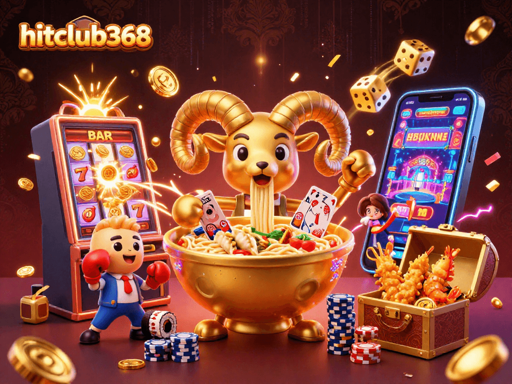 hitclub368 showcases vibrant casino scene filled with animated characters, slot machines, and lively game elements