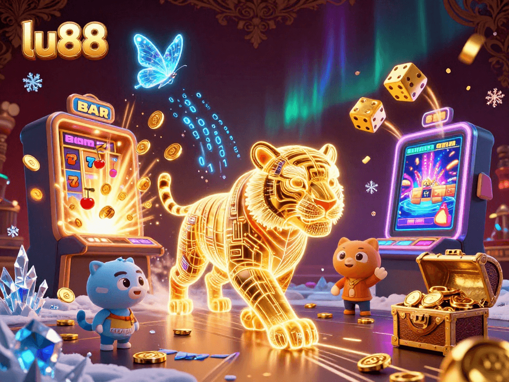 Experience the thrill of lu88 as a neon tiger prowls through a digital casino scene.