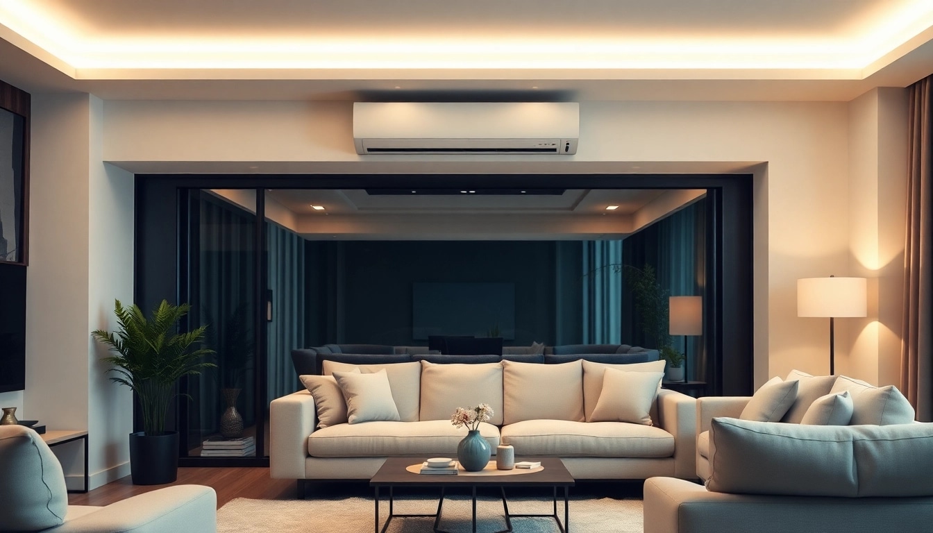 Klimaanlagen in a stylish living room showcasing an energy-efficient model with modern aesthetics.