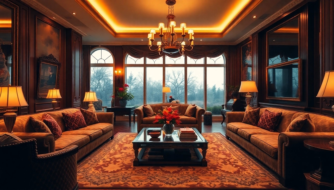 Luxury living room showcasing elegant furniture and warm lighting, creating an inviting atmosphere.
