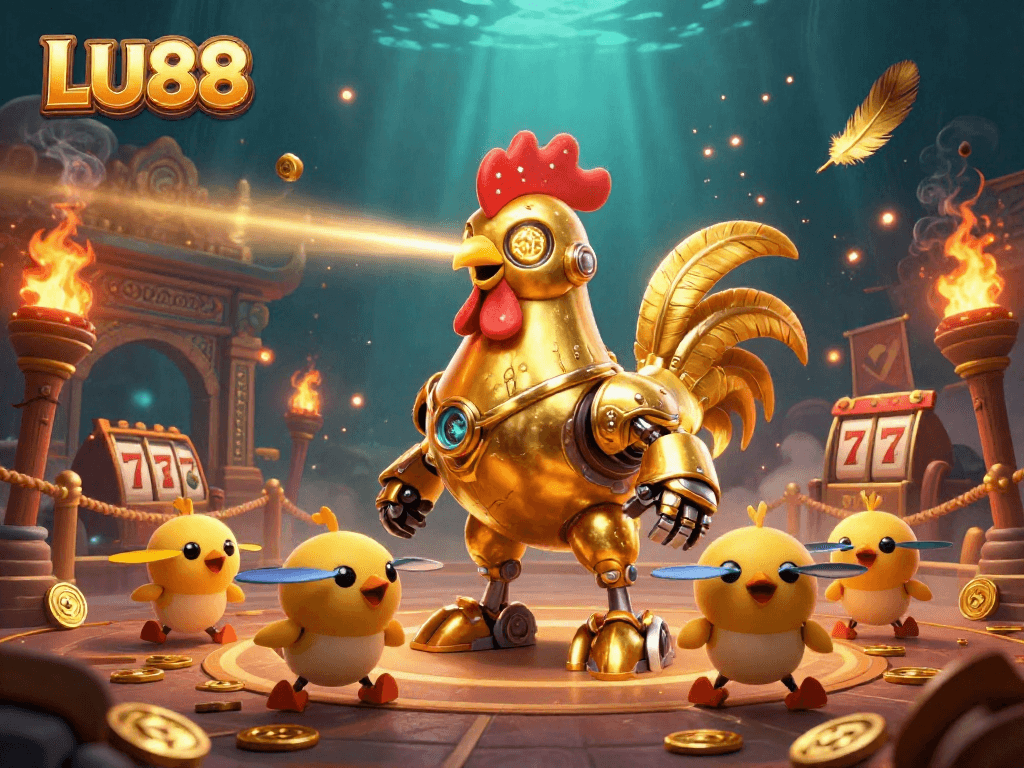 Engage with LU88's dynamic casino scene featuring a golden rooster robot and lively elements.