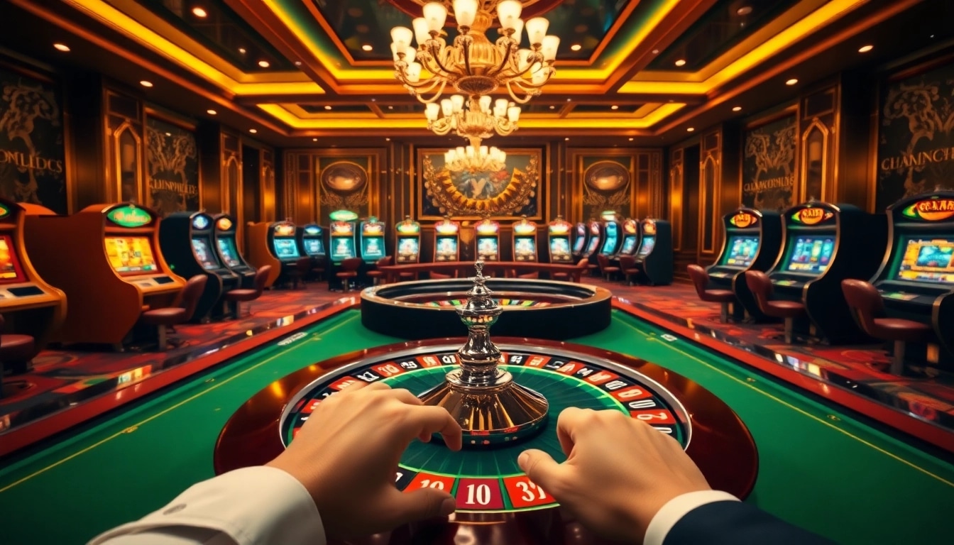 Engaging casino scene displaying CM88-inspired atmosphere with roulette table and poker chips.
