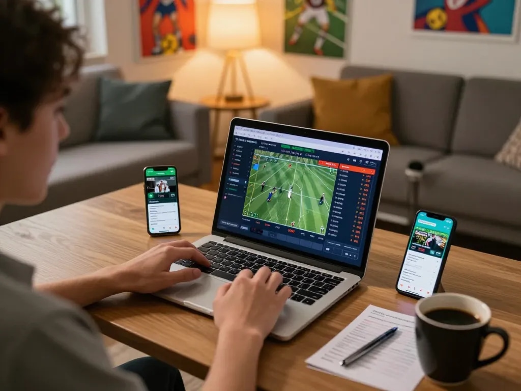 Person engaged in live sports betting on mk8 platform, showcasing laptop and betting app.