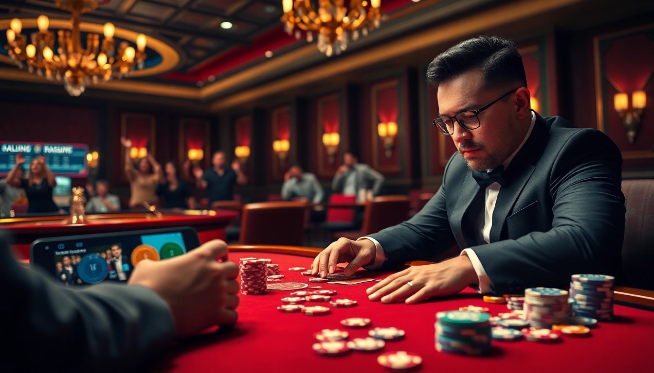 Gambling excitement with a professional at the table, showcasing link 12bet on a sleek mobile device.
