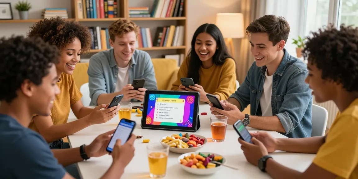 Freundliche Gruppe in einem gemütlichen Raum beim Quiz Allgemeinwissen, mit Spaß und Snacks.