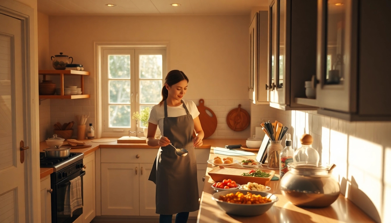 Housekeeping in action: A dedicated hauswirtschaft stelle hameln employee prepares a meal in a warm kitchen.