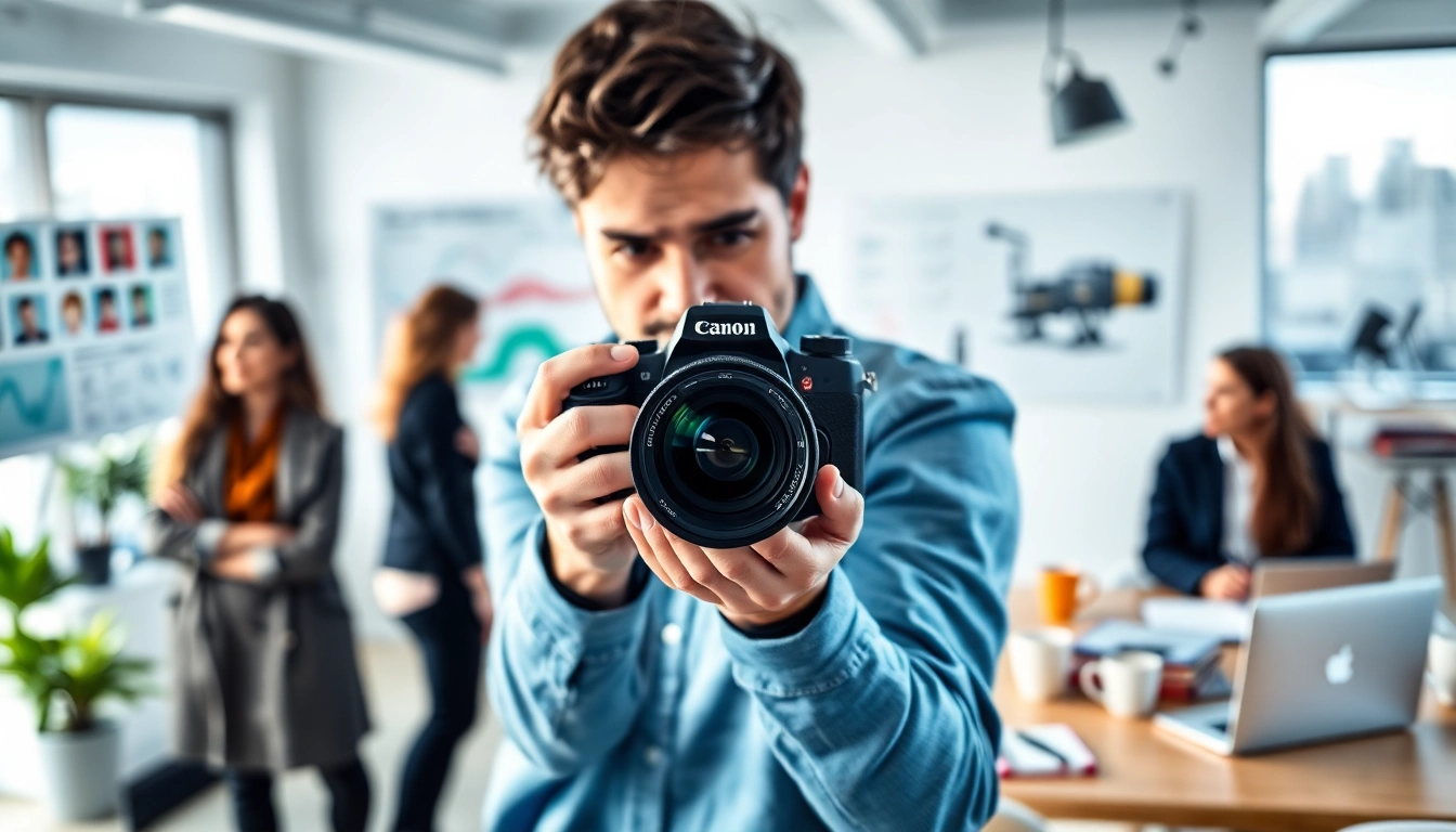 Professioneller Businessfotograf München beim Festhalten von Teaminteraktionen im Büro.