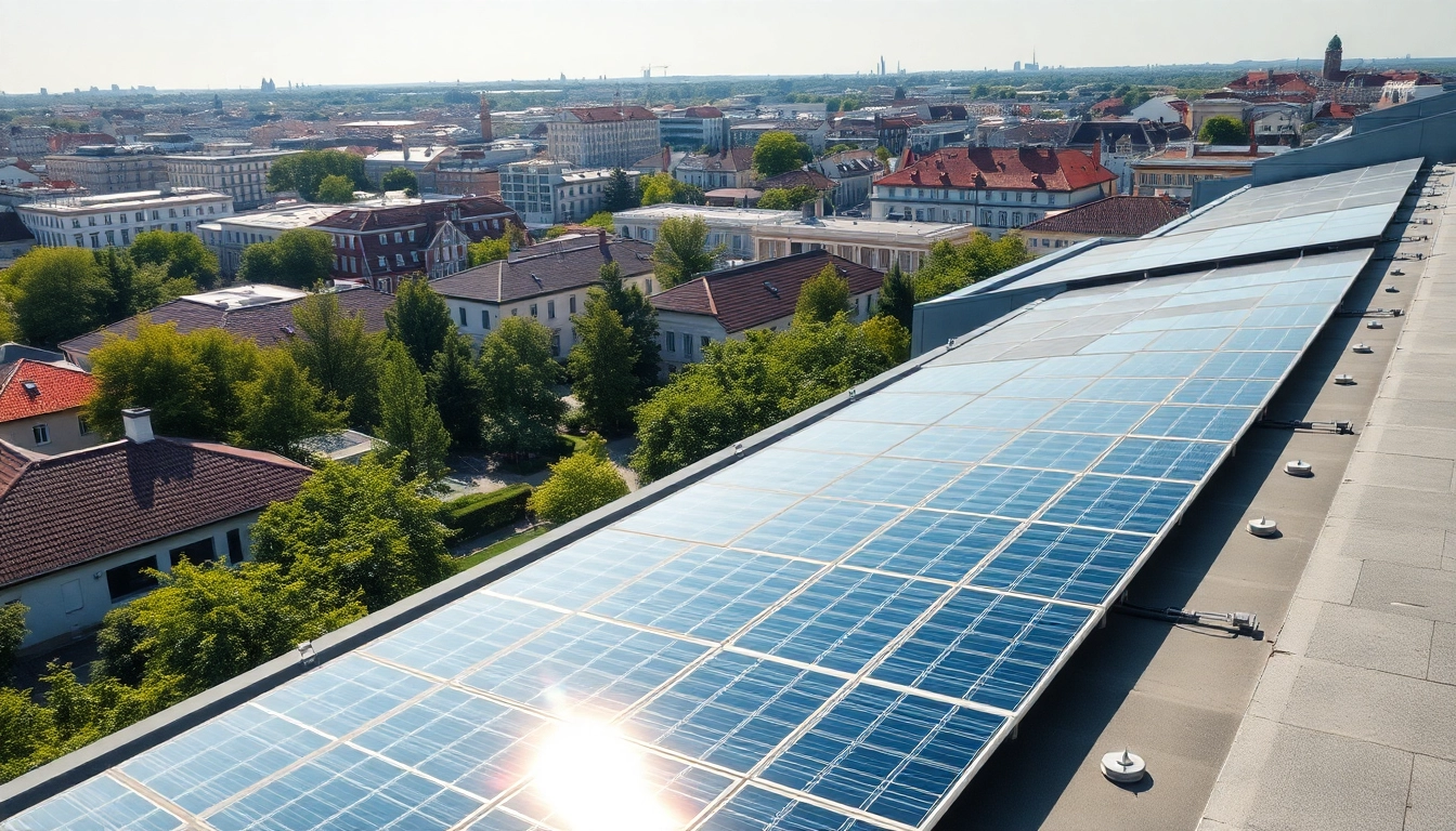 Photovoltaikanlage Kaufen Wien in einer modernen Stadtlandschaft mit Solarpanels auf Dächern.