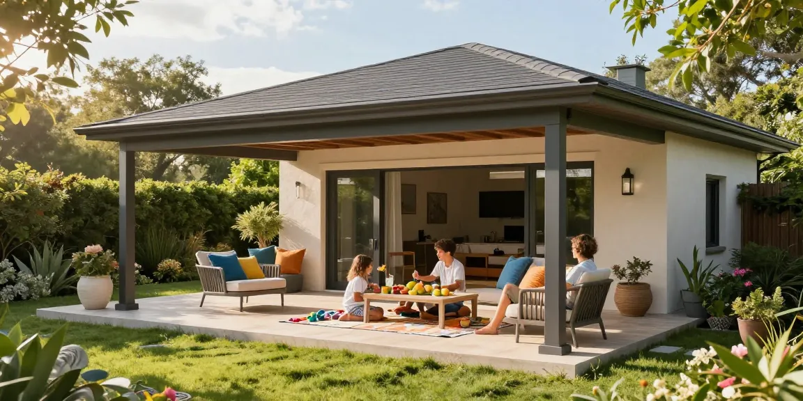 Freistehende Terrassenüberdachung mit einladendem Sitzbereich und grüner Umgebung für gemütliche Nachmittage.