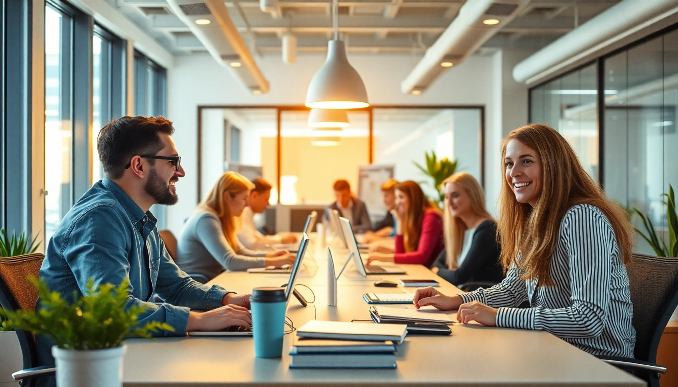 Stellenangebote: Vielfältige Mitarbeiter arbeiten motiviert in einem modernen Büro.