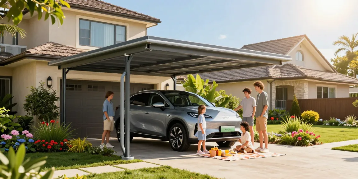 Moderne Carport-Struktur schützt ein Auto in einem sonnigen Garten mit fröhlicher Familie.