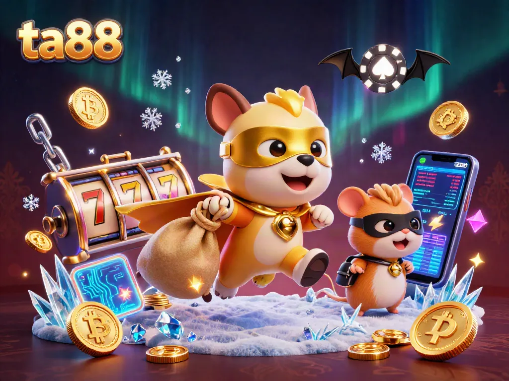 Win big with ta88 at this vibrant casino illustration featuring cartoon heroes and gold!