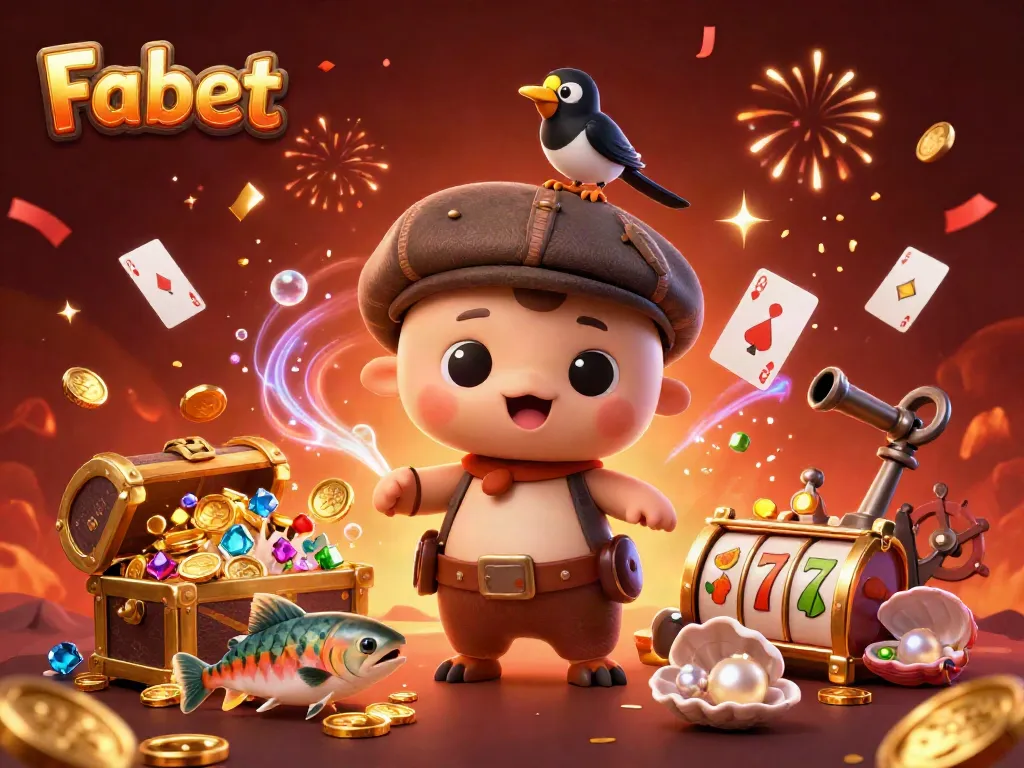 Fabet features playful characters and engaging gambling elements like slot reels and treasures.