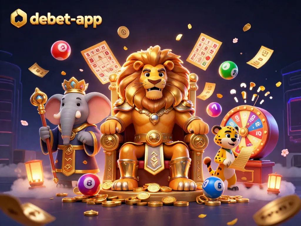 Play with debet-app in a vibrant 3D casino scene featuring a lion king and dynamic game elements.
