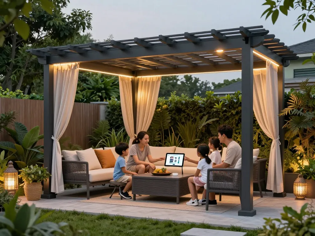Engagierte Familie, die den Pergola Konfigurator 3D verwendet, um ihren Außenbereich zu gestalten.
