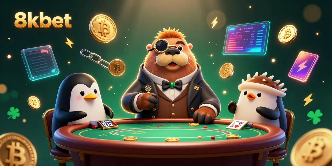 Experience the excitement of 8xbet as walrus, penguin dealer, and pufferfish bluff at an underwater poker table!