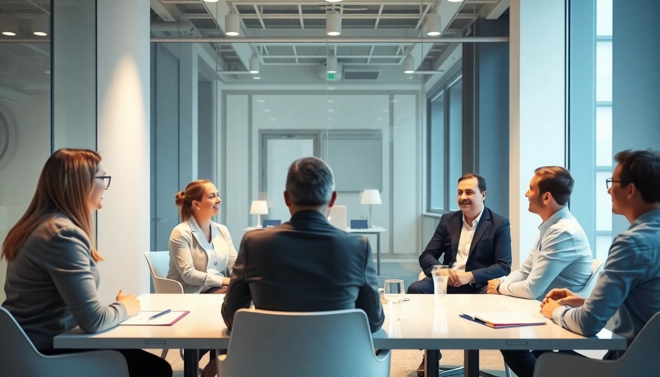 Effiziente Unternehmensberatung Leipzig mit Geschäftsleuten in einem modernen Büro, die innovative Lösungen besprechen.