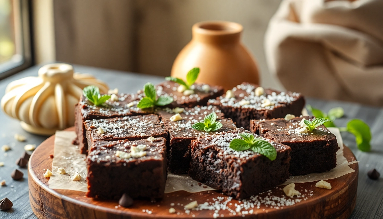 Backofresh gebackene Daga Brownies mit geschmolzener Schokolade und frischer Minze dekoriert.