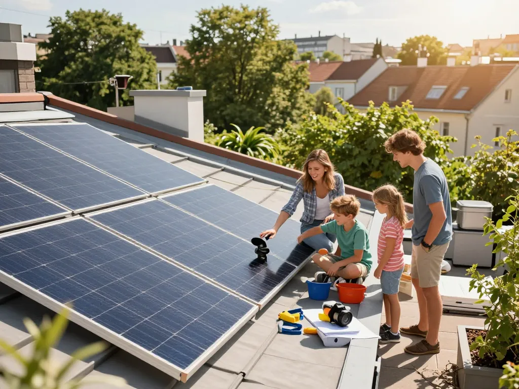Familie Solar Wien genießt ihre Solarenergieanlage auf dem Dach und zeigt Nachhaltigkeit und Gemeinschaft.