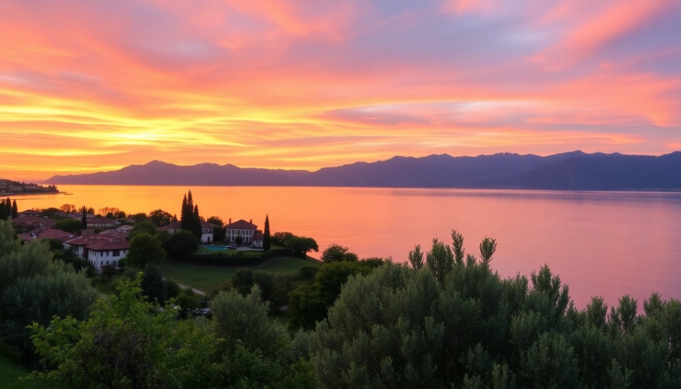 Erleben Sie Gardasee-Reisetipps bei einem atemberaubenden Sonnenuntergang über dem Gardasee, mit lebhaften Himmelstönen und üppigem Grün.