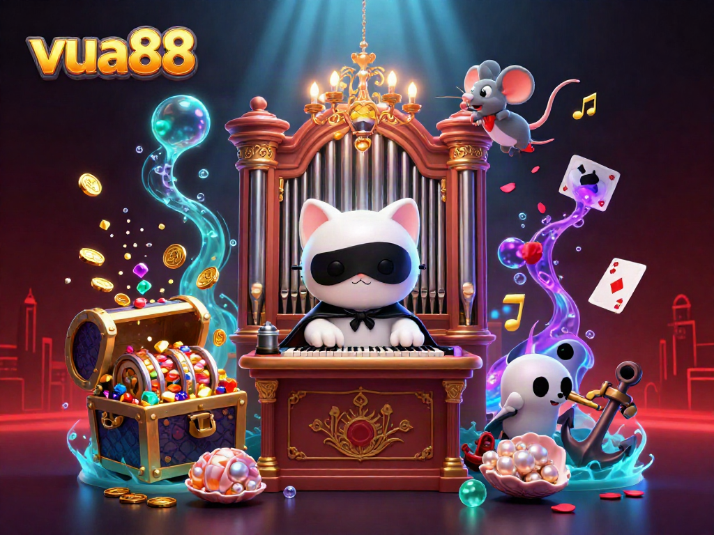 Experience the vibrant 3D world of vua88 with a cartoon cat at the casino organ surrounded by dynamic gaming elements.