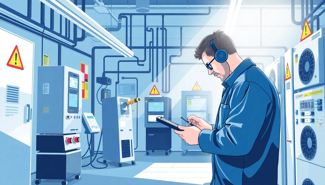 Technician conducting DGUV V3 Prüfung on electrical devices in a well-lit workspace, showcasing safety measures.