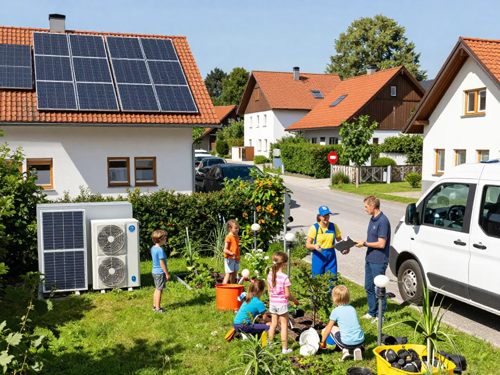 Photovoltaik Bayern Szene mit Häusern, die Solarpanels und Wärmepumpen präsentieren und nachhaltiges Leben hervorheben.