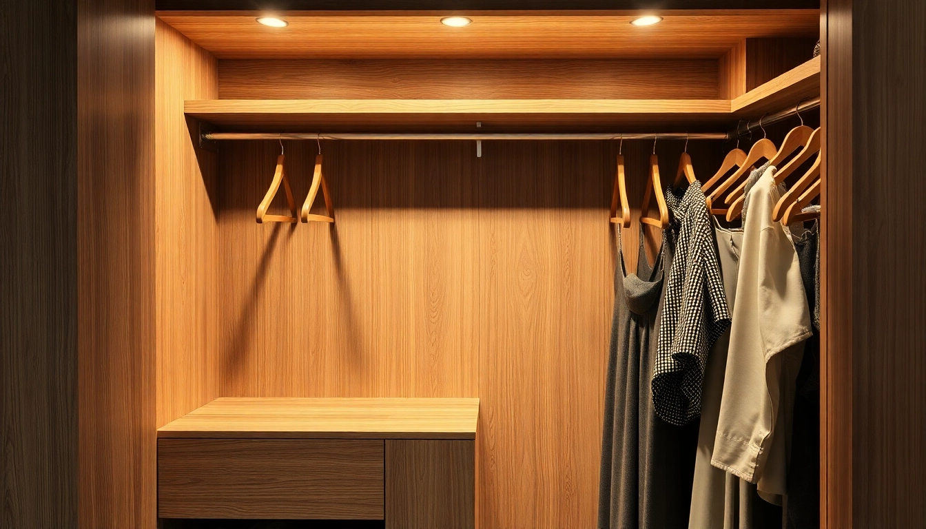 Holz Kleiderbügel in einem eleganten Schrank arrangiert, zeigen natürliche Schönheit und funktionales Design.