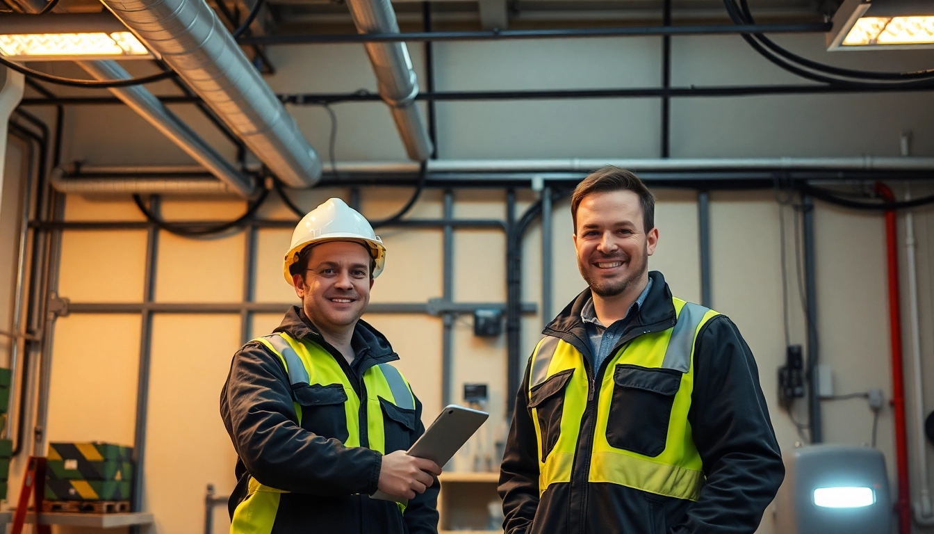 Techniker führen eine DGUV V3 Prüfung an elektrischen Geräten durch, um Sicherheit am Arbeitsplatz zu gewährleisten.