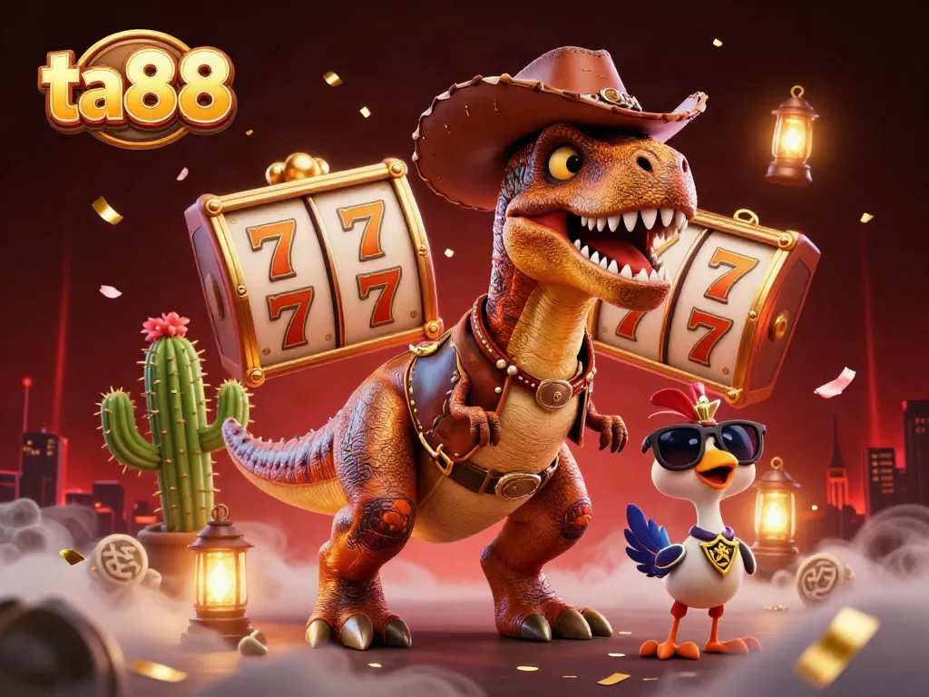 Experience the excitement of ta88 with vibrant 3D characters and slot reels in an immersive casino setting.