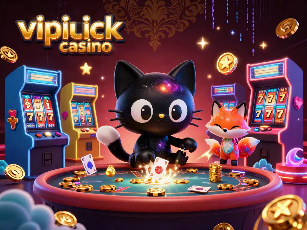 Engage with vipluck casino's cosmic adventure as a black hole cat pulls in chips and cards.