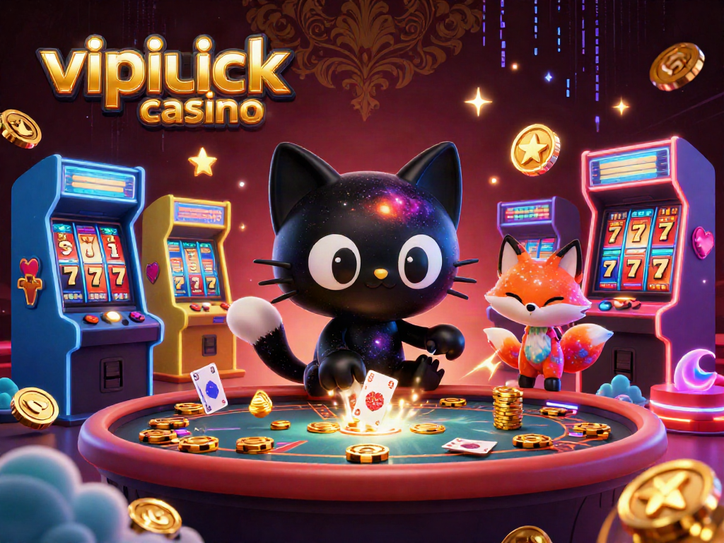 Engage with vipluck casino's cosmic adventure as a black hole cat pulls in chips and cards.