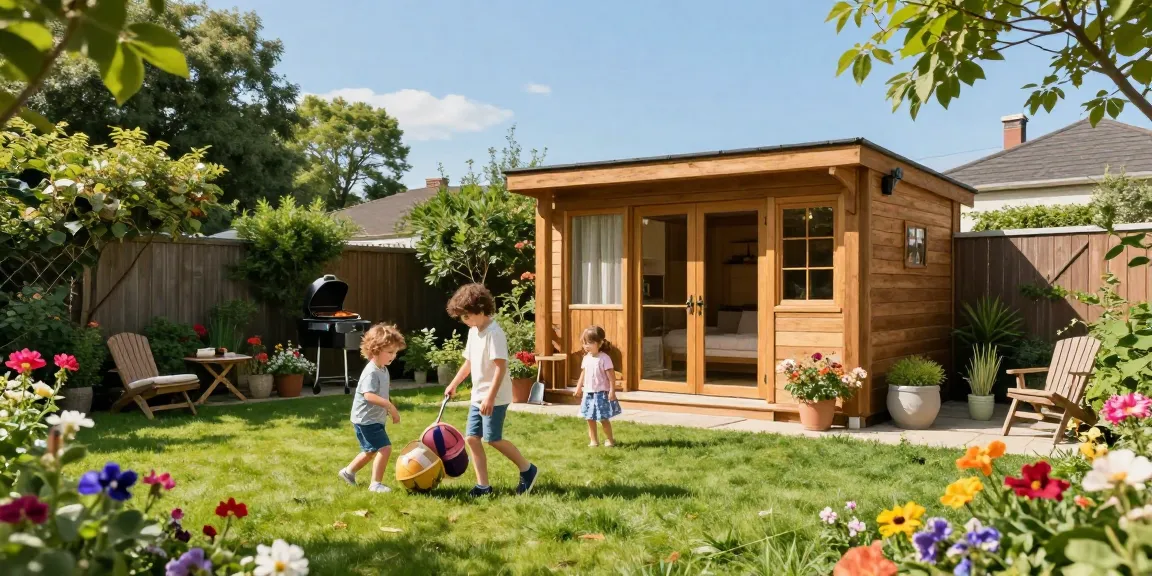 Gartenhaus kaufen: Familie genießt den Sommer in ihrem Garten mit einem stilvollen Gartenhaus.