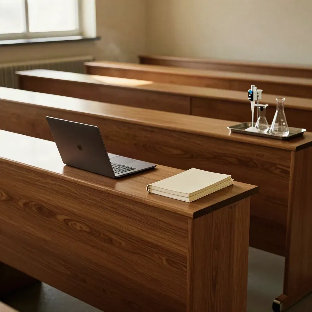 Leerer Master-Seminarraum mit Stufentischen, Laptop und Glasgeräten im warmen Nachmittagslicht
