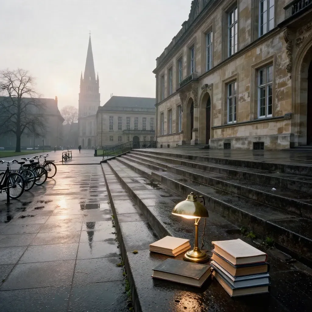 Münsterer Campus nach Regen mit Sandstein, Bibliothek, Fahrrädern und Morgenlicht