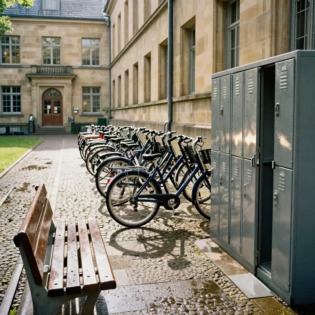 Sonniger Campusinnenhof mit Sandsteingebäude, Fahrradreihe und nassen Pflastersteinen