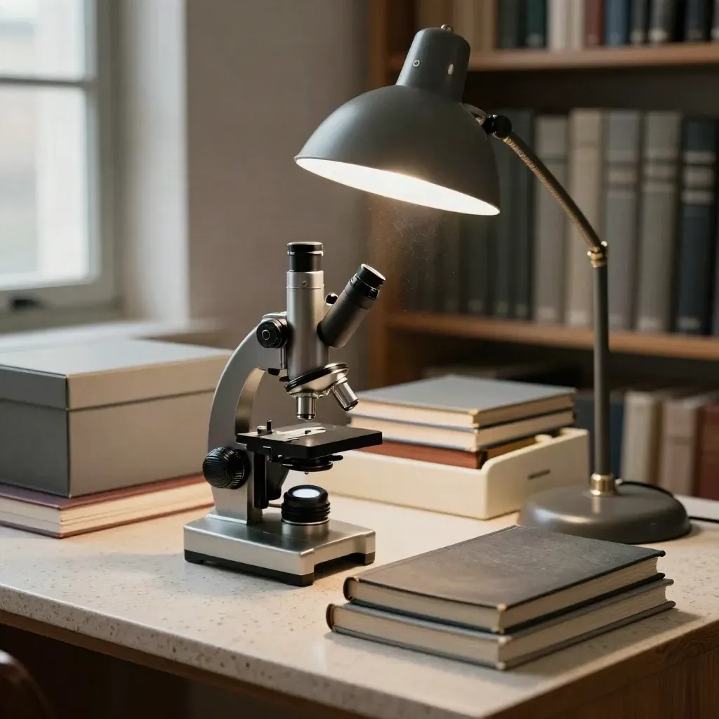Mikroskop, gebundene Journale und Archivboxen in einem Doktoranden-Arbeitsplatz
